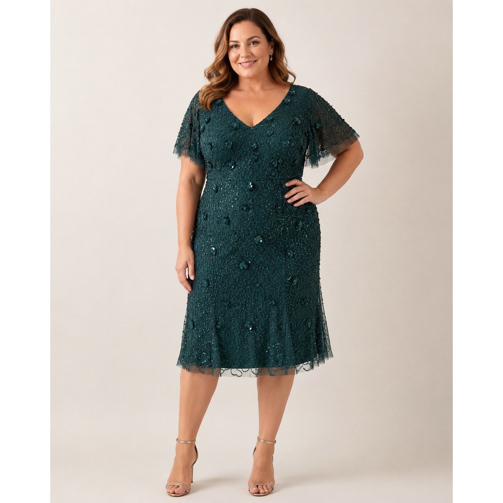 Adrianna Papell Green Sequin Beaded Floral Flutter Sleeve Sheath‎ Dress Plus 16